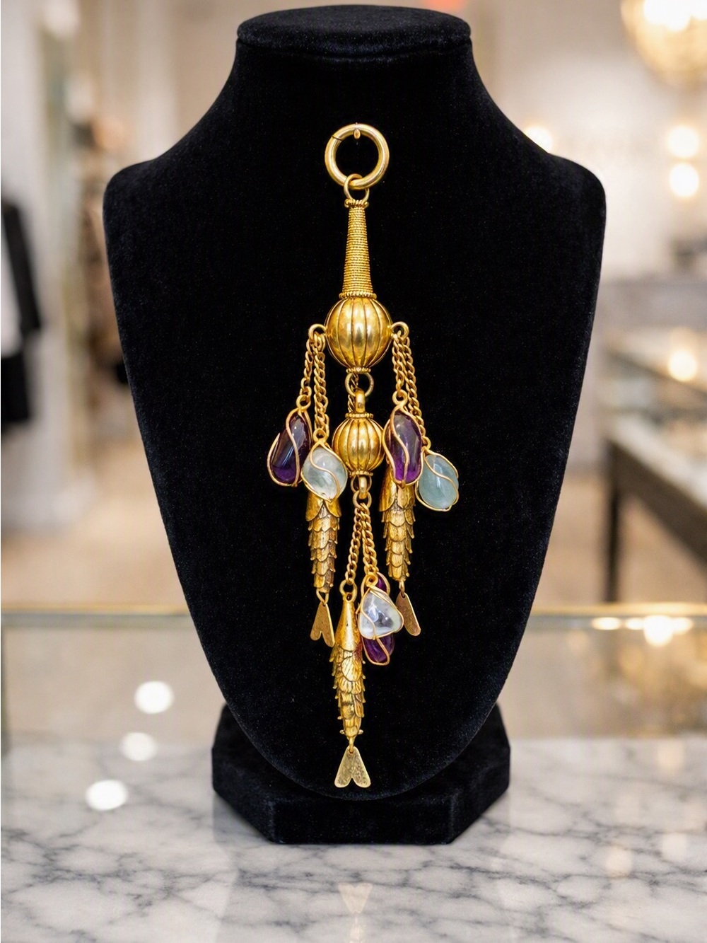 Signed Celia Harms Fish, Gemstone Fob/Pendant • Gold Vermeil over .925 • 62.9g - Picture 2 of 7